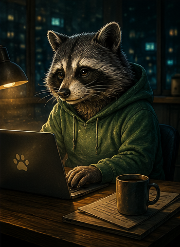 Jimothy the raccoon working on a laptop late at night