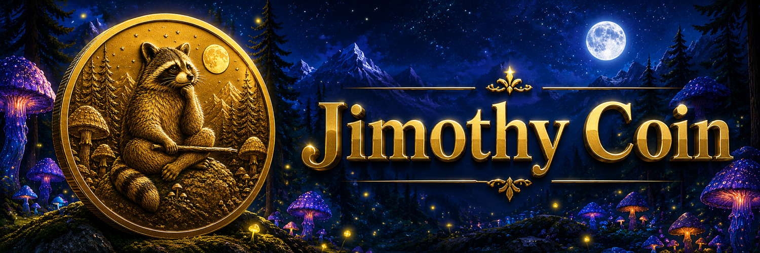 Jimothy Coin banner — golden raccoon sage coin in a mystical mushroom forest
