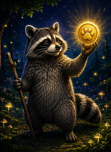 Jimothy the raccoon sage holding a glowing paw coin in the forest