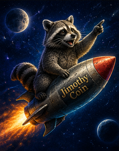 Jimothy the raccoon riding a rocket to the moon